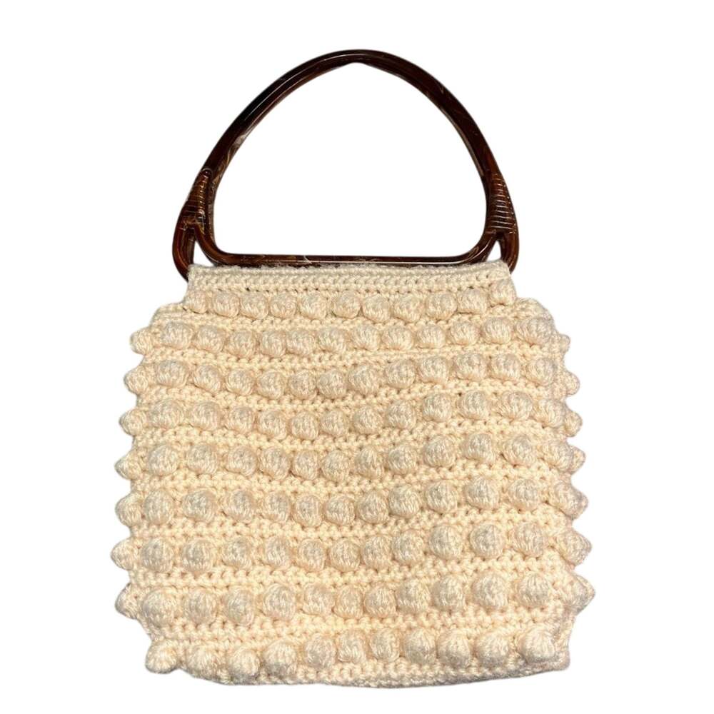 Small Hand Bag Purse Handmade Yarn Pom Pom Balls Plastic Handles Vintage